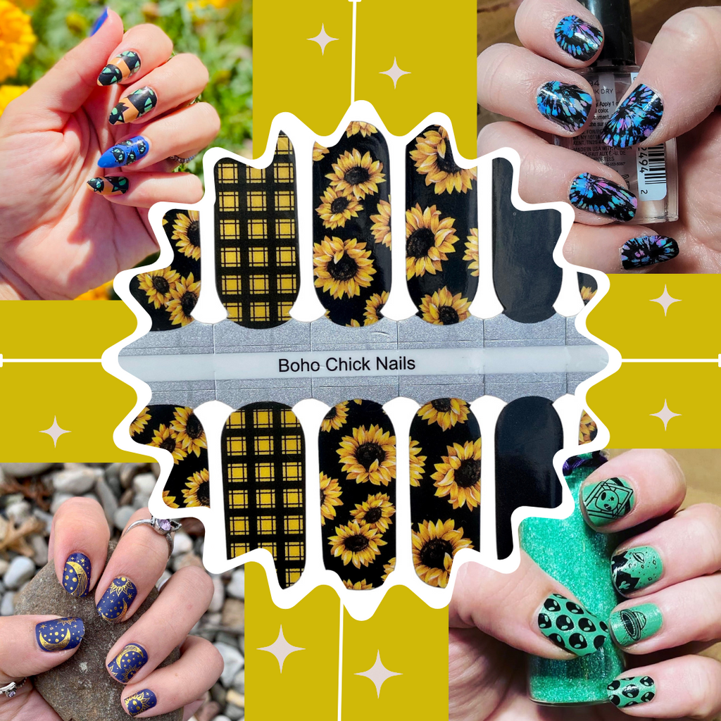 4 hands with nail designs and 1 nail strip with sunflowers. The hands have a cat with an orange background, gold moon and stars on a blue background, a dark blue tie dye, and aliens on a green background 