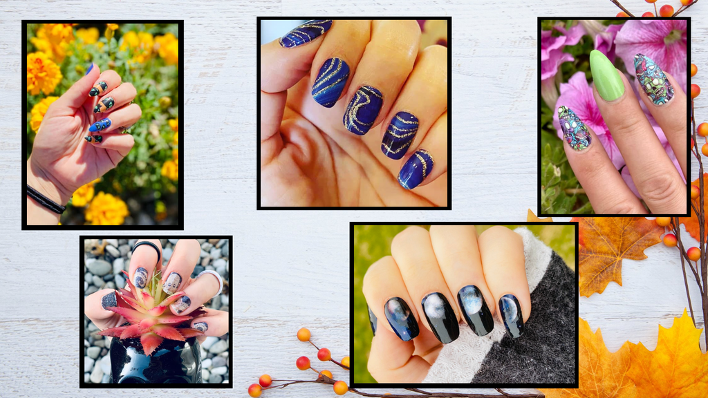 5 hands with nail designs. Cats on an orange background, marble blue with gold glitter, zombies on a green background, moon phases on blue, and an octopus on glitter blue background