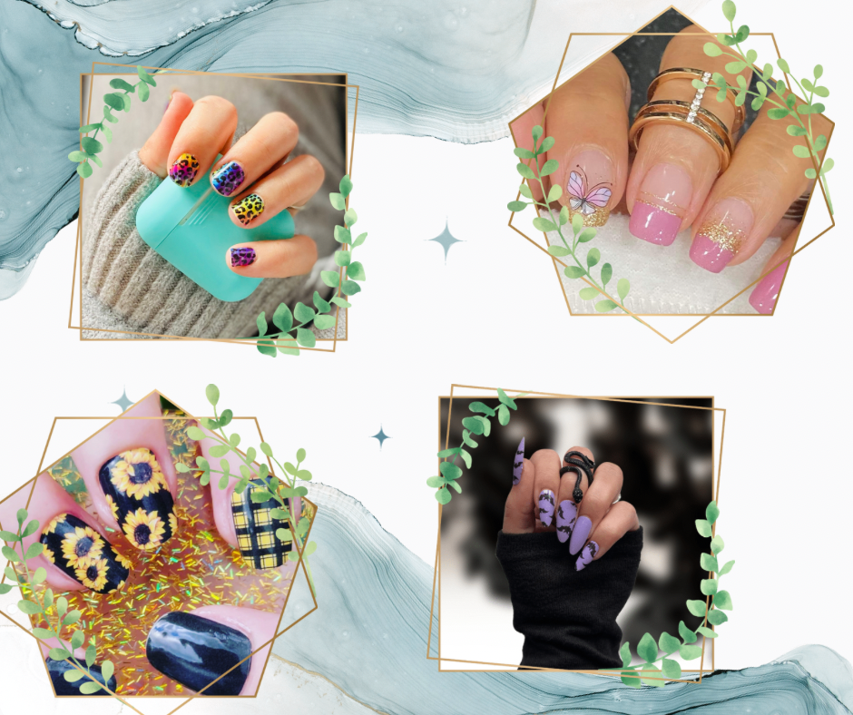 Four manicured hands with different nail designs: Bats on a purple background, butterflies in a pink French style, neon tie dye with leopard spot overlay, and sunflowers on black background. 
